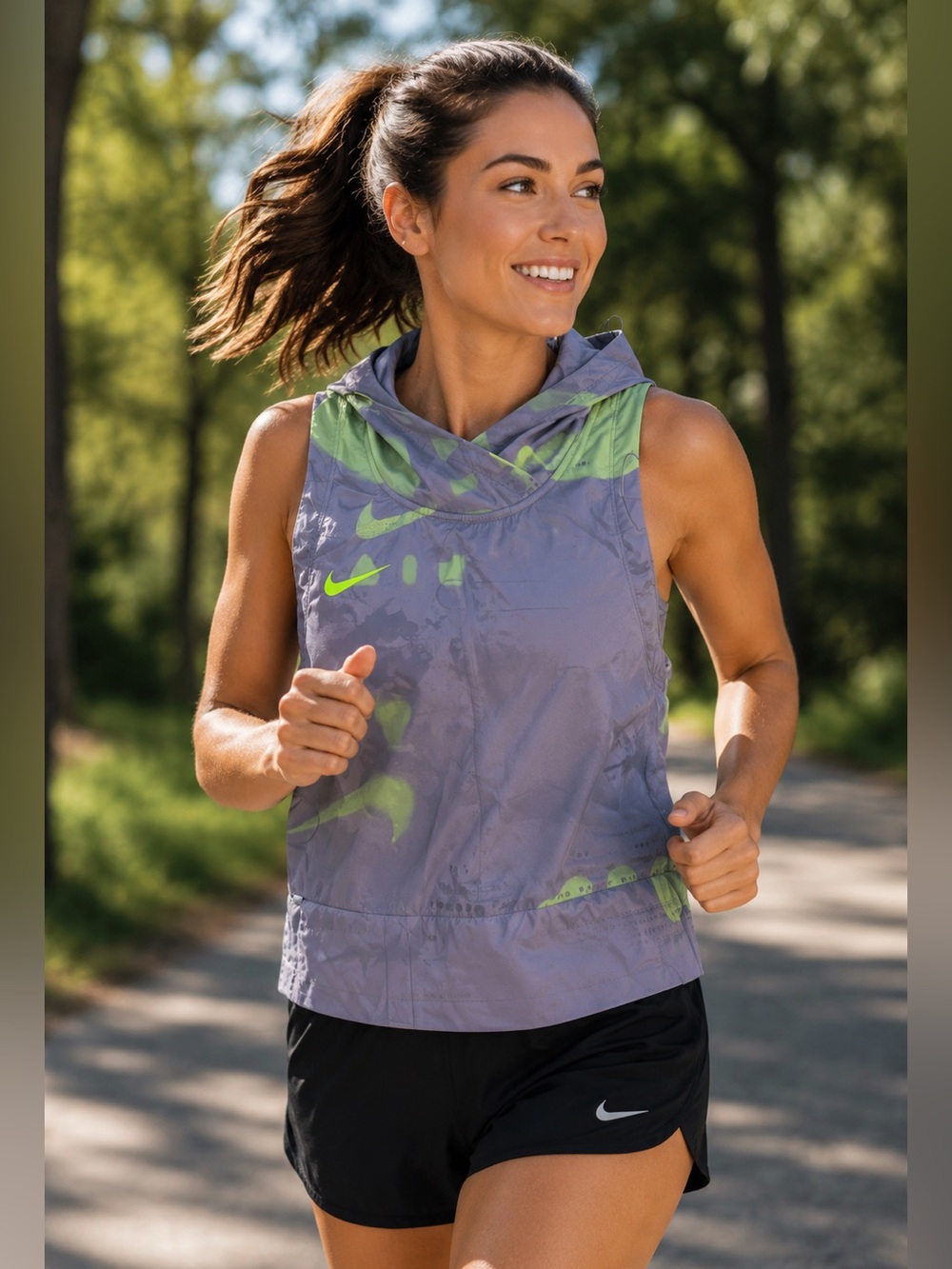 NWT NIKE HOODED RUNNING sleeveless VEST SNAP SIDES PURPLE GREEN HAS POCKET MED